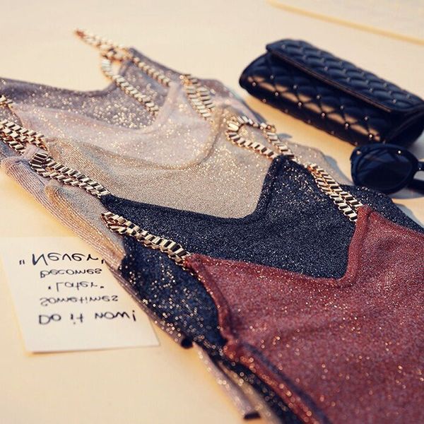 women's tanks & camis suspender spring summer short bright silk glittering metal chain v-neck bottomed outside ice knitted vest inside, White
women's tanks & camis suspender spring summer short bright silk glittering metal chain v-neck bottomed outside ice knitted vest inside, White