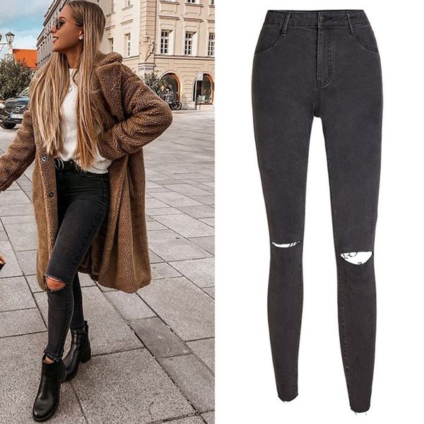 plus size women skinny elastic denim pants gray knee hole ripped jeans trousers women vintage mid waist distressed jeans pants, Blue
plus size women skinny elastic denim pants gray knee hole ripped jeans trousers women vintage mid waist distressed jeans pants, Blue