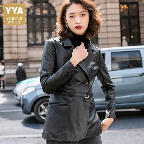 women double breasted sashes sheepskin real leather jacket office ladies slim fit leather blazer outwear biker coat, Black
women double breasted sashes sheepskin real leather jacket office ladies slim fit leather blazer outwear biker coat, Black