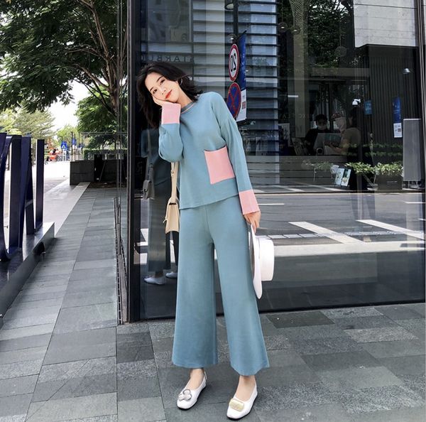 2019 autumn style color blocking + knitted wide leg capris age reducing knitted two piece suit, White
2019 autumn style color blocking + knitted wide leg capris age reducing knitted two piece suit, White