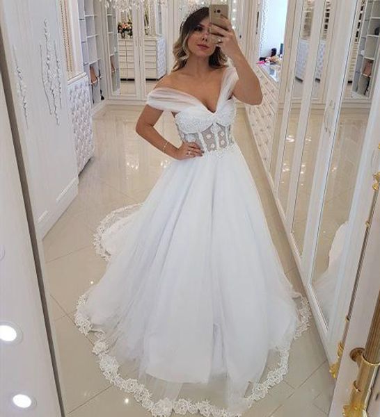 elegant off the shoulder wedding dresses tulle a line wedding dress covered button illusion lace customize bride formal gown, White
elegant off the shoulder wedding dresses tulle a line wedding dress covered button illusion lace customize bride formal gown, White