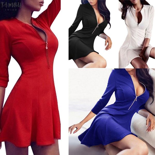 women pure color dress open chest v collar zipper tight fitting dress club mini #w30, Black;gray
women pure color dress open chest v collar zipper tight fitting dress club mini #w30, Black;gray