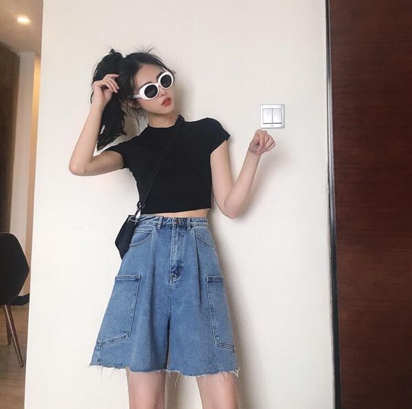 summer solid color high waist loose denim shorts, Blue
summer solid color high waist loose denim shorts, Blue