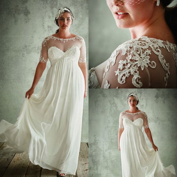 fashion plus size wedding dresses with half sleeves sheer jewel neck a line lace appliqued bridal gowns chiffon empire waist wedding dress, White
fashion plus size wedding dresses with half sleeves sheer jewel neck a line lace appliqued bridal gowns chiffon empire waist wedding dress, White