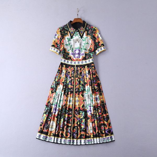 european and american women's clothing 2019 summer new style short sleeve stud lapels vintage print fashion pleated dress, Black;gray
european and american women's clothing 2019 summer new style short sleeve stud lapels vintage print fashion pleated dress, Black;gray