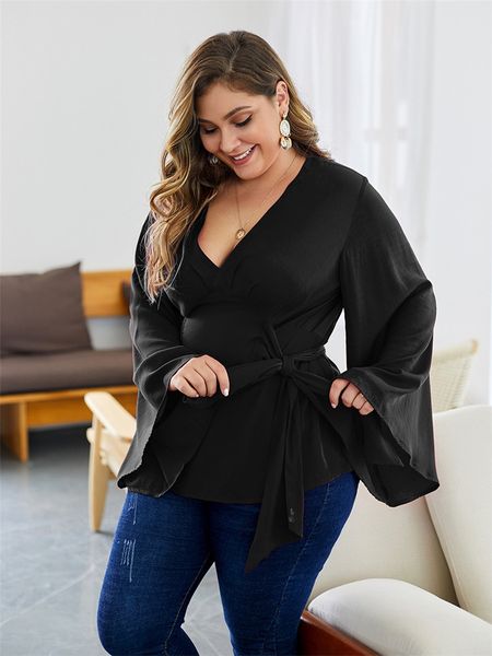 women designer plus size casual loose waist lace-up summer solid color bell sleeve tshirt women clothing, White
women designer plus size casual loose waist lace-up summer solid color bell sleeve tshirt women clothing, White