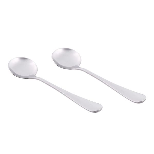 solid polished stainless steel set of 2 round soup spoons other kitchen dining bar 
solid polished stainless steel set of 2 round soup spoons other kitchen dining bar