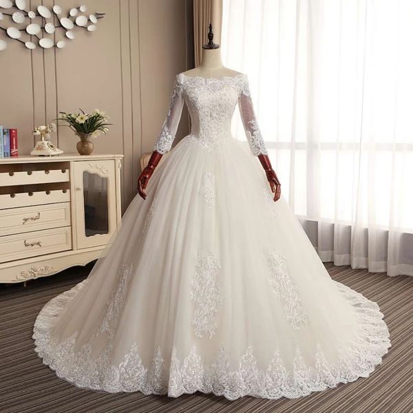 new style muslim lace applique wedding dress bridal gown luxury long sleeves off shoulder wedding ball gown sweep train, White
new style muslim lace applique wedding dress bridal gown luxury long sleeves off shoulder wedding ball gown sweep train, White