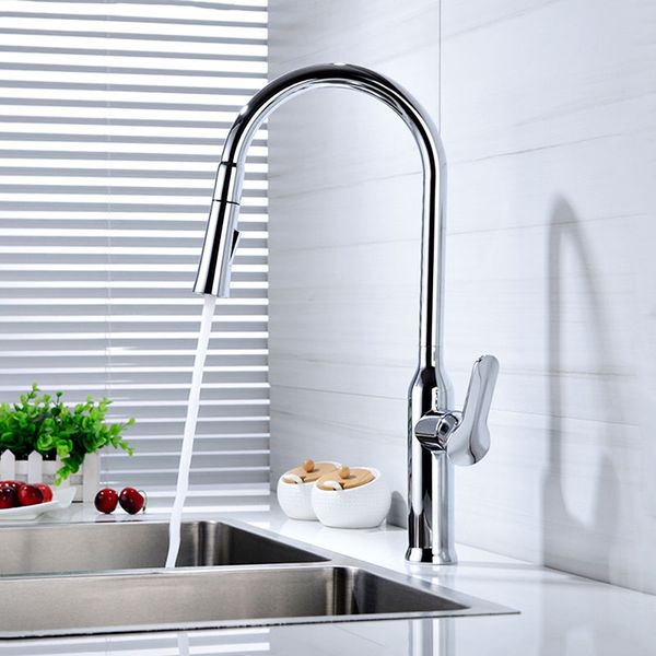 

Chrome Plated Brass Pull Out Kitchen Faucet Rotation Sink Water Mixer Tap Cold And Hot Single Handle Deck Mounted