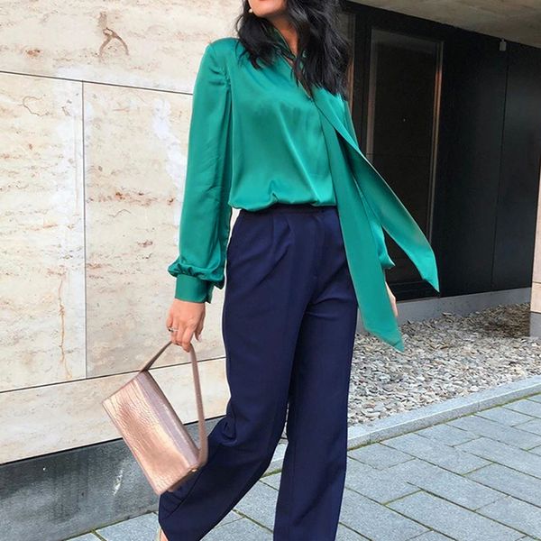 2020 new long sleeve green fashion lace-up neck for blouse vintage pure color women shirt, White
2020 new long sleeve green fashion lace-up neck for blouse vintage pure color women shirt, White