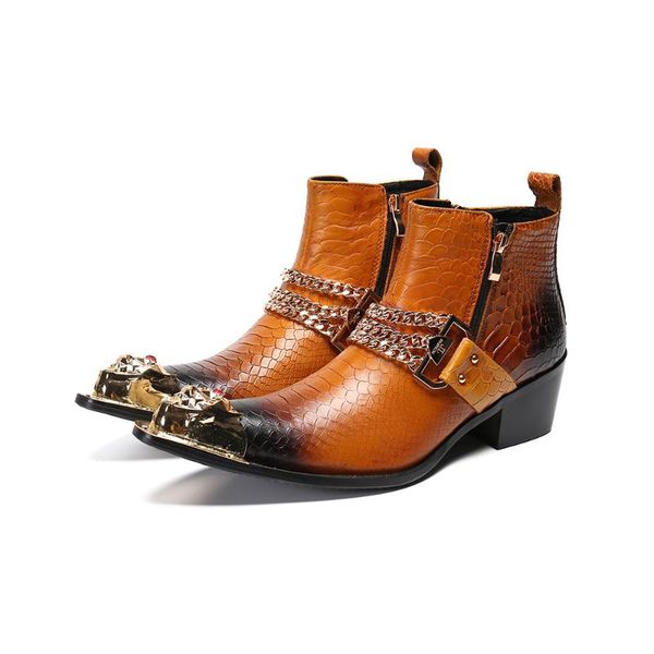 men boots snakeskin grain metal chain decoration pointed leather shoes man formal shoes boots fashion high heel side zipper, Black
men boots snakeskin grain metal chain decoration pointed leather shoes man formal shoes boots fashion high heel side zipper, Black