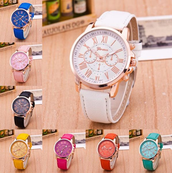 

watches men bracelet geneva roman numerals leather band analog quartz wristwatch women cool big dial casual watch, Slivery;brown