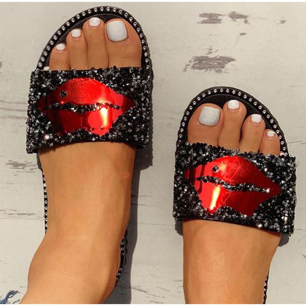 women bling lips sequined cloth summer slippers ladies flat comfort casual beach shoes female slip on fashion footwear xwt1844, Black
women bling lips sequined cloth summer slippers ladies flat comfort casual beach shoes female slip on fashion footwear xwt1844, Black