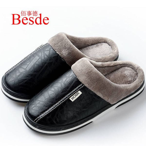 fashion leather slippers men indoor plush slippers plus size 35-50 warm house male home shoes 2019, Black