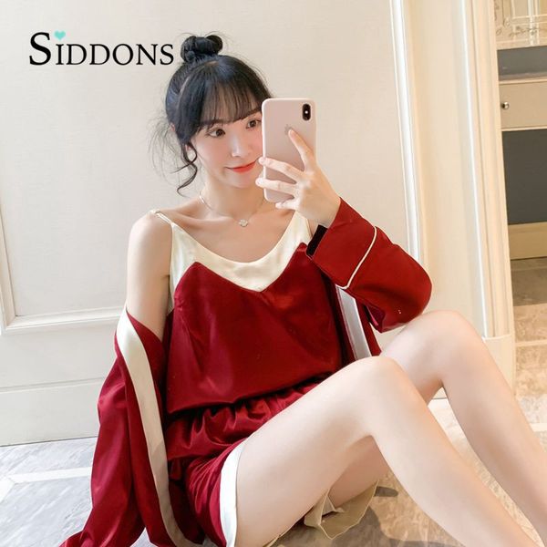 women's sleepwear siddons 3pcs silk satin shorts pajama sets robes for women 2021 summer short sleeve outwear homewear pijama clothes, Black;red
women's sleepwear siddons 3pcs silk satin shorts pajama sets robes for women 2021 summer short sleeve outwear homewear pijama clothes, Black;red