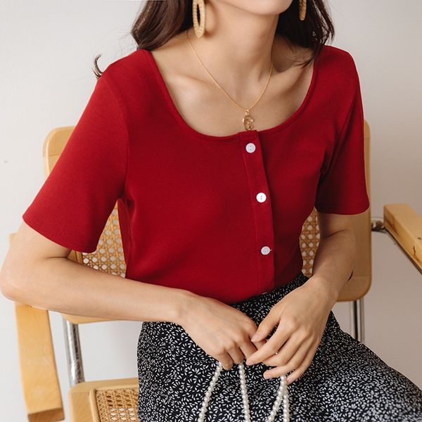 2020 solid color slim short-sleeved female single-breasted ins t-shirt t-shirt solid color student base square collar top, White
2020 solid color slim short-sleeved female single-breasted ins t-shirt t-shirt solid color student base square collar top, White