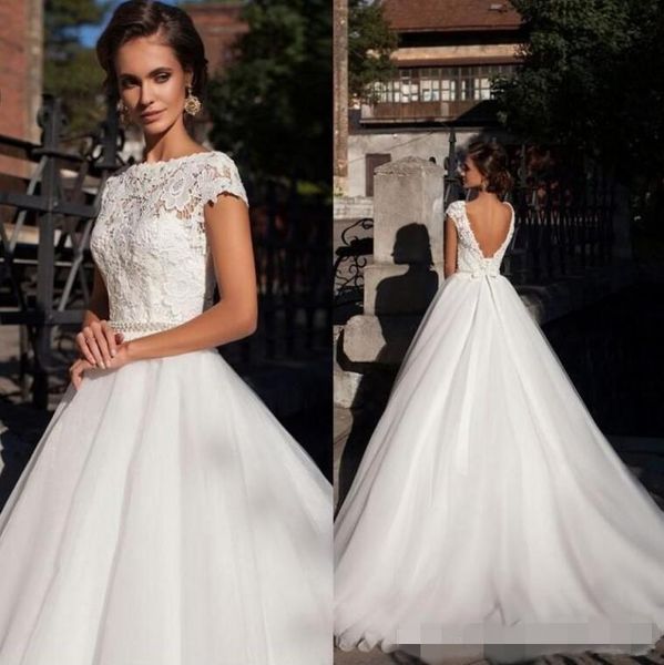 elegant bateau neckline a line wedding dresses beaded crystal waistline backless lace applique short cap sleeves wedding gown robe de mariée, White
elegant bateau neckline a line wedding dresses beaded crystal waistline backless lace applique short cap sleeves wedding gown robe de mariée, White
