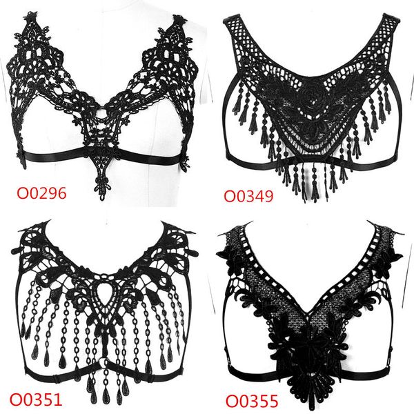 

womens lace sheer caged bra harness goth tassel halter black bondage strappy lingerie pentagram harness, Black;white