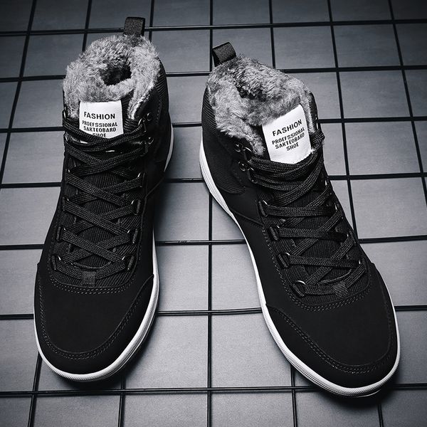 warm men casual shoes winter high cotton shoes male with fur plush ankle leather sneakers man footwear 39-45, Black