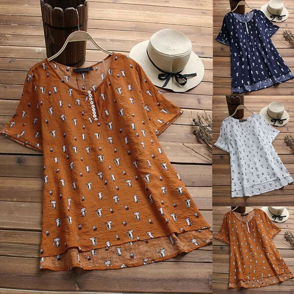 plus size womens summer casual short sleeve baggy floral linen shirt blouse, Black;gray