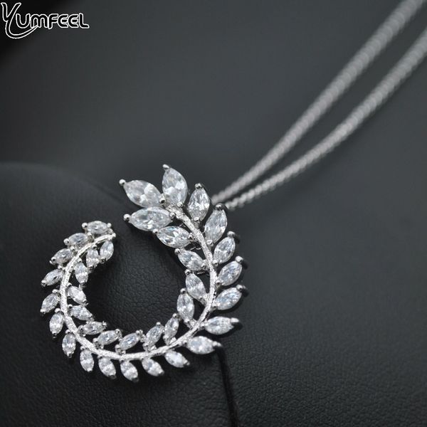 yumfeel brand cz sparkly jewelry olive branch leaf shape marquise cut big cubic zirconia pendant necklace women gifts party, Silver