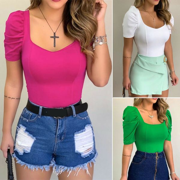 2020 summer women girls square collar t-shirts draped short puff sleeve tees fashion solid slim fit female bodycon t-shirts, White
2020 summer women girls square collar t-shirts draped short puff sleeve tees fashion solid slim fit female bodycon t-shirts, White