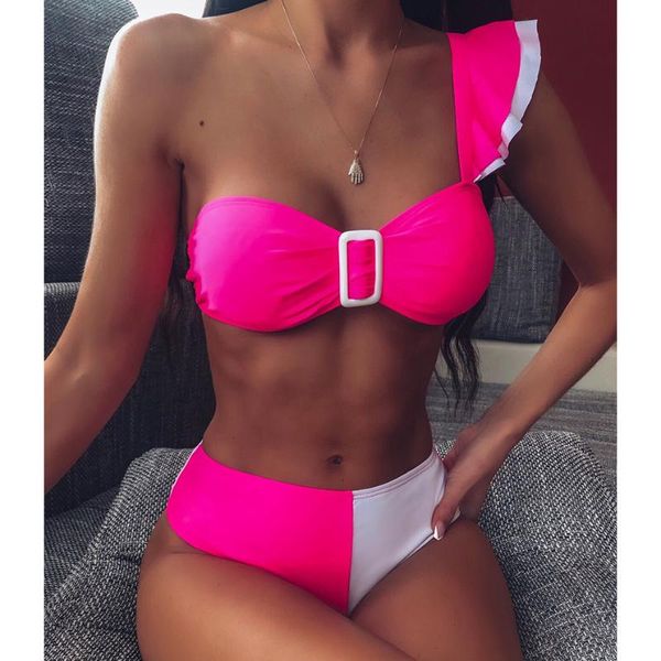 women's swimwear 2021 one shoulder summer ruffle bikini women swimsuit high waist bikinis set female beachwear bathing suit, White;black
women's swimwear 2021 one shoulder summer ruffle bikini women swimsuit high waist bikinis set female beachwear bathing suit, White;black