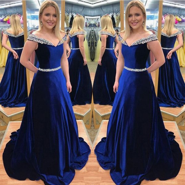 2019 royal blue a line evening dress velvet sweep train prom dress off the shoulder popular party gown custom size, Black;red
2019 royal blue a line evening dress velvet sweep train prom dress off the shoulder popular party gown custom size, Black;red