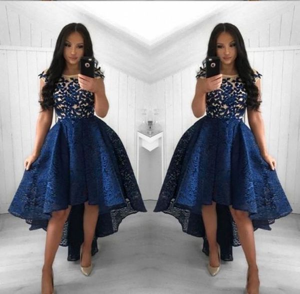2019 navy blue lace prom dresses sheer neck high low short party evening gowns homecoming dresses a line maid of honor dress, Black
2019 navy blue lace prom dresses sheer neck high low short party evening gowns homecoming dresses a line maid of honor dress, Black