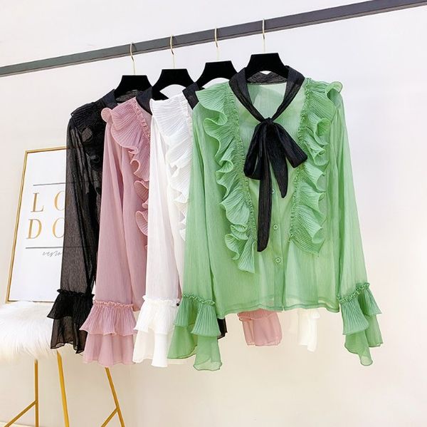 chiffon blouse women's pure color ruffles bow tie loose with lotus leaf edge sweet long sleeve shirt girls blusas femme, White
chiffon blouse women's pure color ruffles bow tie loose with lotus leaf edge sweet long sleeve shirt girls blusas femme, White