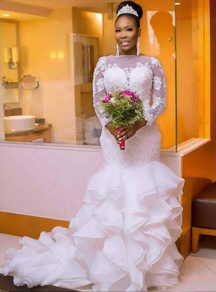 south african nigerian wedding dresses plus size long sleeve sheer neck bodycon fishtail mermaid bridal gowns beaded chic layer ruffles wd09, White
south african nigerian wedding dresses plus size long sleeve sheer neck bodycon fishtail mermaid bridal gowns beaded chic layer ruffles wd09, White