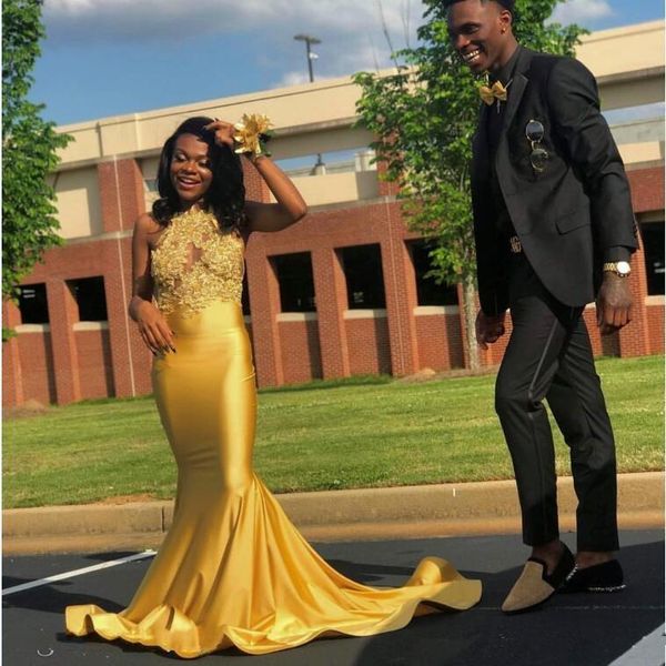yellow mermaid prom dresses halter backless sweep train appliques beads long formal evening party gowns special occasion, Black
yellow mermaid prom dresses halter backless sweep train appliques beads long formal evening party gowns special occasion, Black