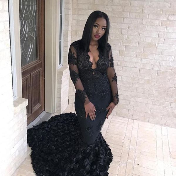 gorgeous floral ruffles black mermaid prom dresses lace appliques long sleeve black girls evening dress south african
gorgeous floral ruffles black mermaid prom dresses lace appliques long sleeve black girls evening dress south african