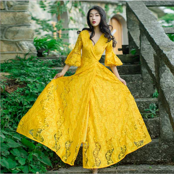new female lace split v-neck long dress height waist flare sleeve fair robe beach holiday dress bodycon maid lady autumm, White;black
new female lace split v-neck long dress height waist flare sleeve fair robe beach holiday dress bodycon maid lady autumm, White;black