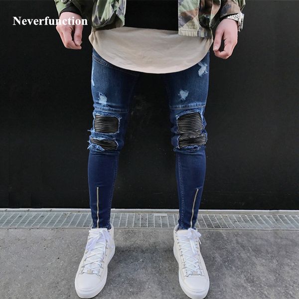 new men pu leather patchwork ripped jeans ankle zipper punk rock denim destoryed pants mens hip hop skinny stretch biker jeans, Blue
new men pu leather patchwork ripped jeans ankle zipper punk rock denim destoryed pants mens hip hop skinny stretch biker jeans, Blue