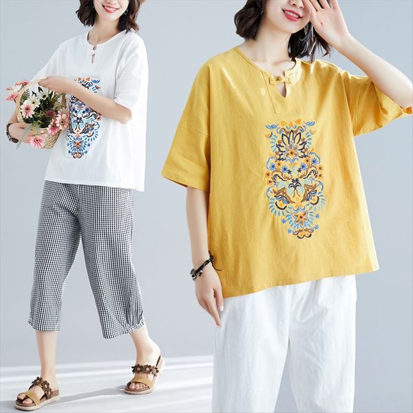 artistic cotton linen large size cotton linen female embroidery plate buckle v-neck loose slim t-shirt, White
artistic cotton linen large size cotton linen female embroidery plate buckle v-neck loose slim t-shirt, White