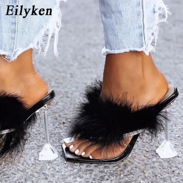 eilyken summer slippers women furry slides fashion square toe transparent perspex heels rhinestone sandals female flip flop shoe, Black 
eilyken summer slippers women furry slides fashion square toe transparent perspex heels rhinestone sandals female flip flop shoe, Black