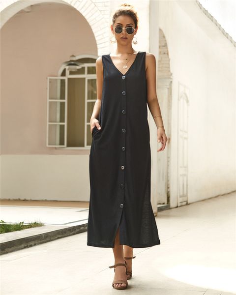 Summer Solid V Neck Dress Fashion Ladies Sleeveless Dresses With Button Summer Holidays Dress Women Casual Clothing
Summer Solid V Neck Dress Fashion Ladies Sleeveless Dresses With Button Summer Holidays Dress Women Casual Clothing