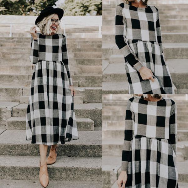 

maxi dress canis women long dress plaid long sleeve evening party sundress sexy, Black;gray