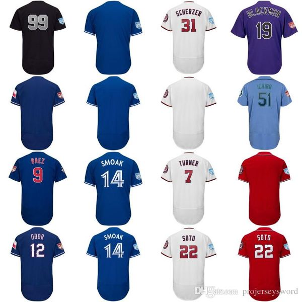 Mens 2019 Spring Training Jersey 7 Trea Turner 9 Javier Baez 12 Rougned Odor 14 Justin Smoak 22 Juan Soto 31 Max Scherze Baseball Jersey
Mens 2019 Spring Training Jersey 7 Trea Turner 9 Javier Baez 12 Rougned Odor 14 Justin Smoak 22 Juan Soto 31 Max Scherze Baseball Jersey
