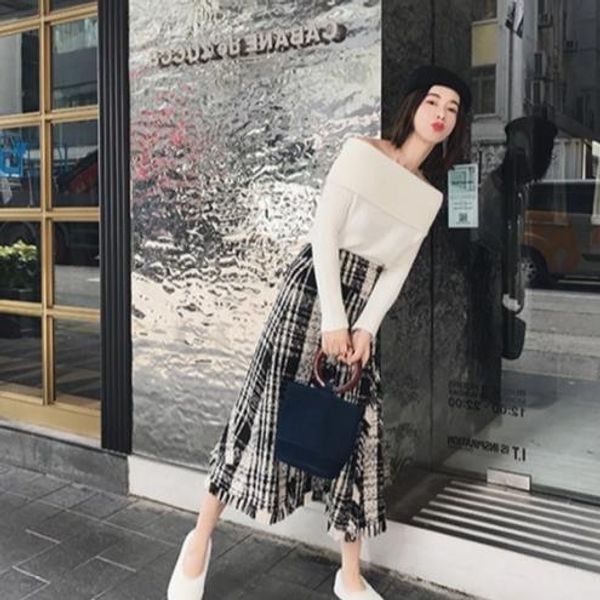 

women elegant skirt black white plaid tassel a-line tweed empire high street midi skirts retro irregular jupe femme faldas dv981