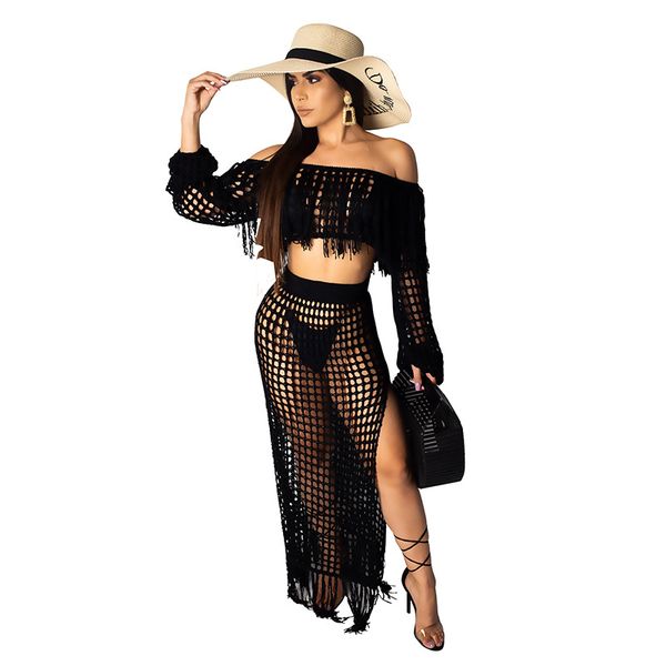 womens summer tassel beach dresses hollow out two piece sets slash neck long sleeve and high split long dresses, White
womens summer tassel beach dresses hollow out two piece sets slash neck long sleeve and high split long dresses, White