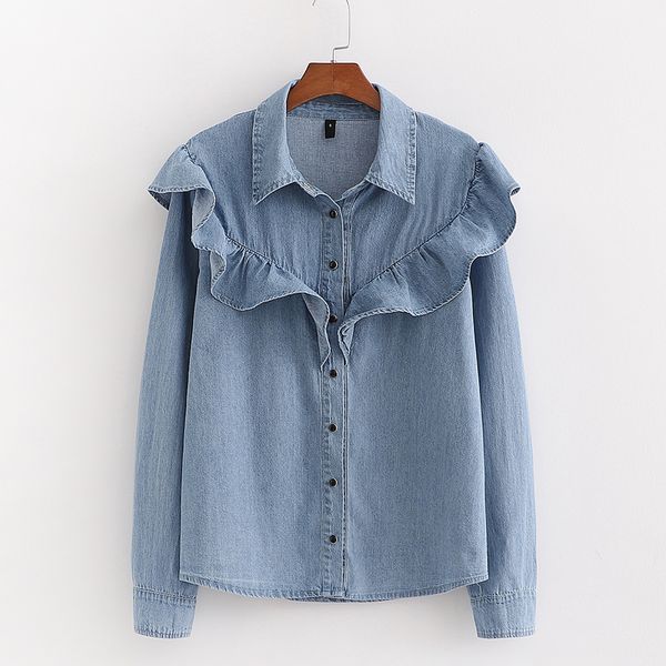agong cascading ruffles blouses women fashion solid turn down collar denim shirts women elegant buttons female ladies ls, White
agong cascading ruffles blouses women fashion solid turn down collar denim shirts women elegant buttons female ladies ls, White