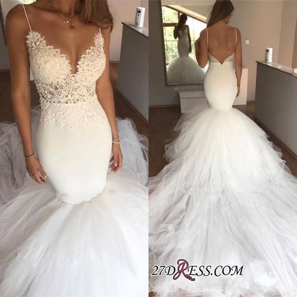 2019 elegant spaghetti straps mermaid wedding dresses tiered tulle lace applique backless wedding dress bridal gowns vestido de novia, White
2019 elegant spaghetti straps mermaid wedding dresses tiered tulle lace applique backless wedding dress bridal gowns vestido de novia, White