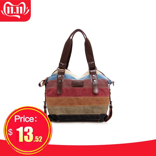 rainbow stripe canvas bag fashion splicing women's bag shopping
