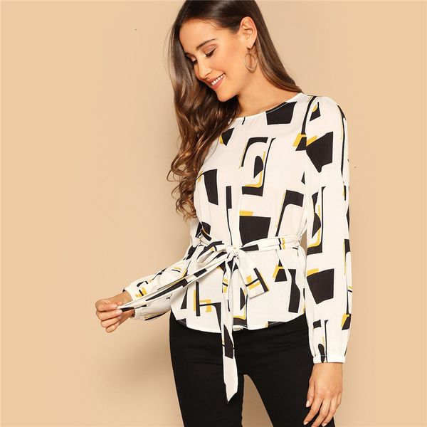 ladies designer women blouses self belted geometric print boat neck women 2019 spring black and white office ladies and blouses 
ladies designer women blouses self belted geometric print boat neck women 2019 spring black and white office ladies and blouses
