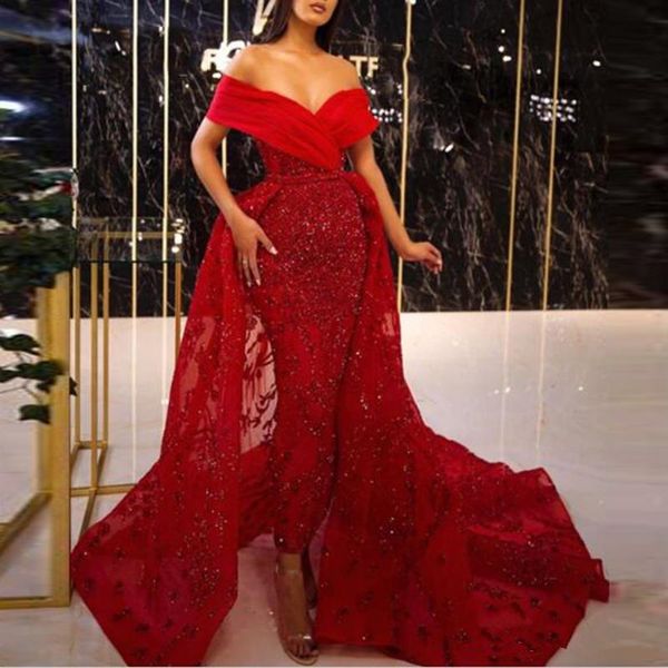 red off shoulder mermaid evening dresses arabic lace sequined celebrity prom gowns with detachable train formal wear robes de soiree, Black;red
red off shoulder mermaid evening dresses arabic lace sequined celebrity prom gowns with detachable train formal wear robes de soiree, Black;red