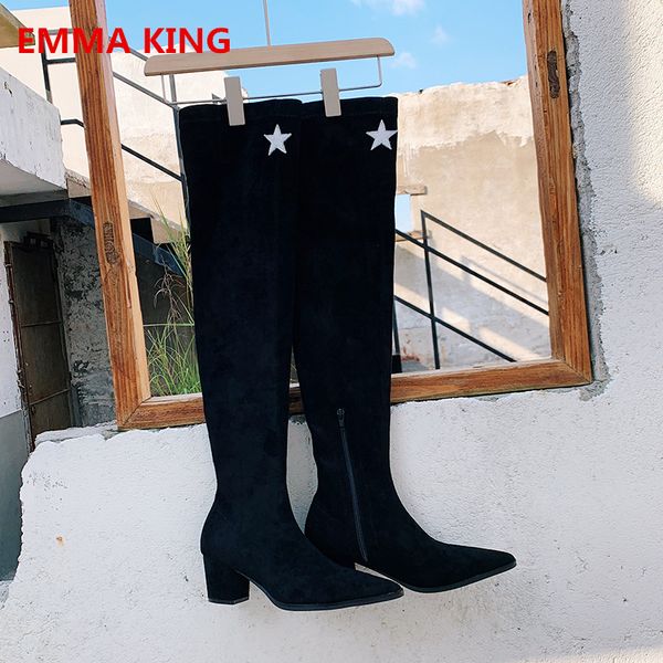 black suede stretch over knee boots for women 2019 new design femme pointed toe side zipper chunky heels thigh high boots
