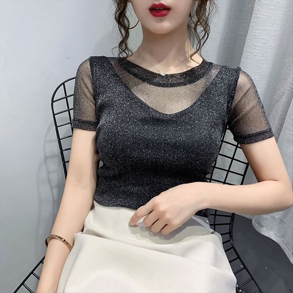 summer screen t- net 2020 base shirt female gold and silver silk mesh flash slim short sleeve bright silk t-shirt female, White
summer screen t- net 2020 base shirt female gold and silver silk mesh flash slim short sleeve bright silk t-shirt female, White