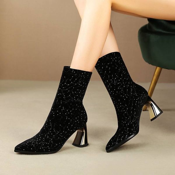 bottes femme new winter shoes women's stretch boots flock bling slip on high heels pointed toe keep warm mid-calf boots mujer, Black
bottes femme new winter shoes women's stretch boots flock bling slip on high heels pointed toe keep warm mid-calf boots mujer, Black